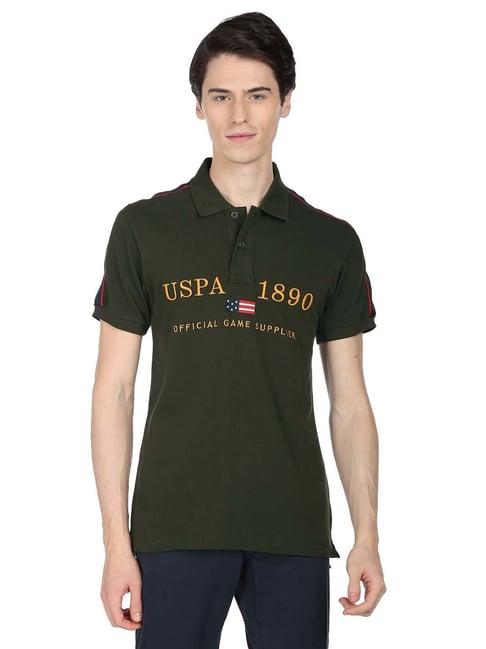 u.s. polo assn. dark olive slim fit self design cotton polo t-shirt