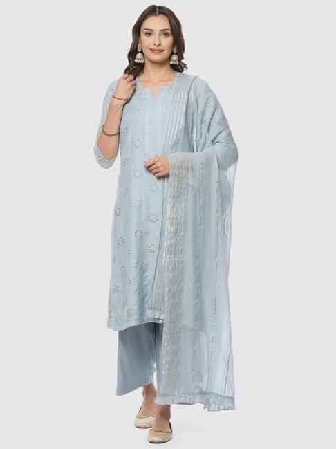 biba blue embroidered kurta pant set with dupatta