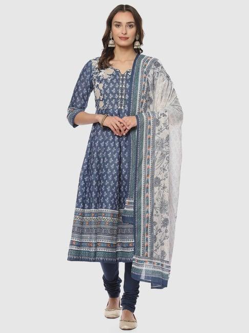 biba blue cotton printed kurta churidar set with dupatta