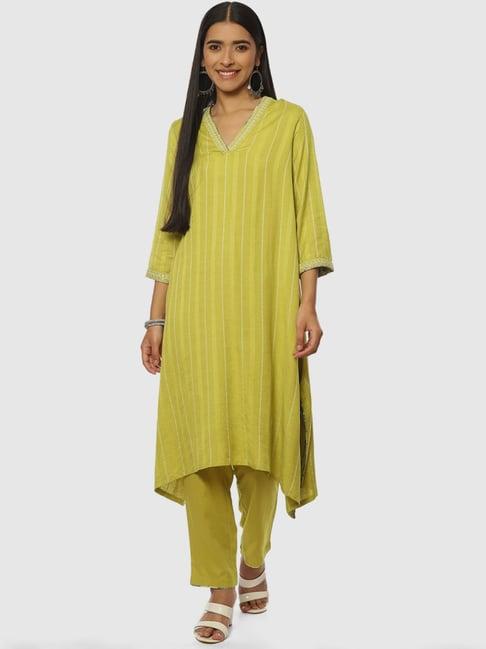 biba lime green striped kurta pant set