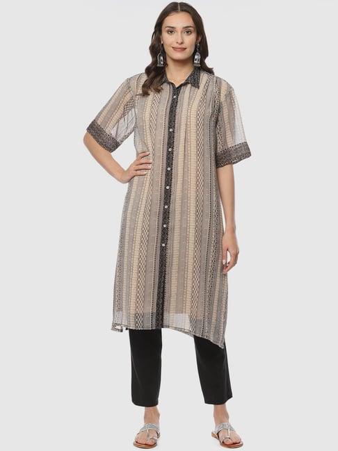 biba beige printed straight kurta with inner