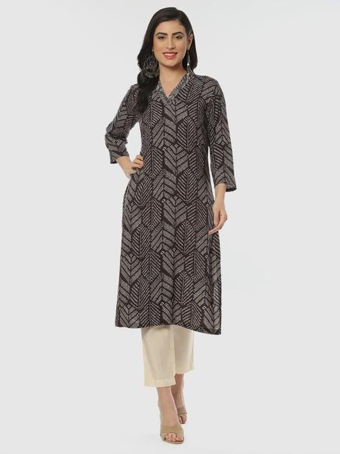 biba black printed straight kurta