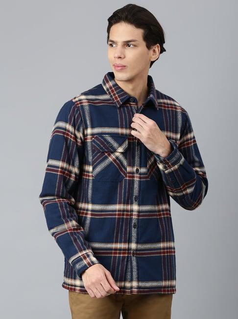 woodland navy cotton regular fit checks shirt