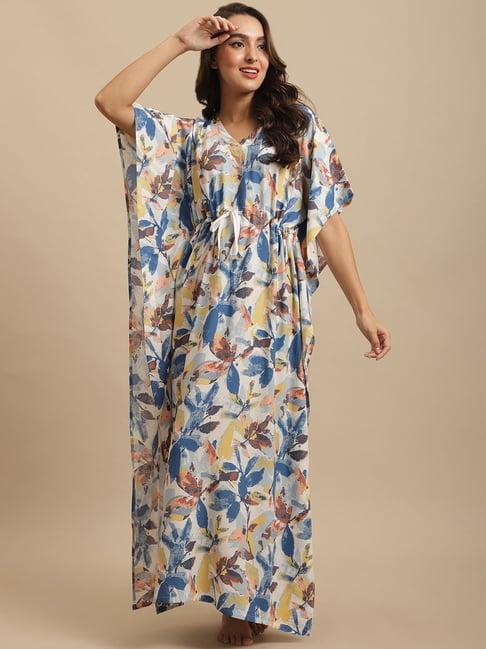 claura blue floral print kaftan nighty