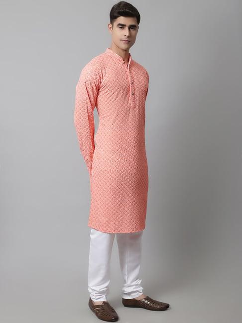 jompers peach cotton regular fit embroidered kurta & churidar set