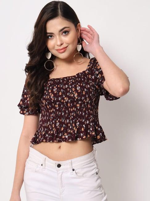 trend arrest maroon floral print crop top