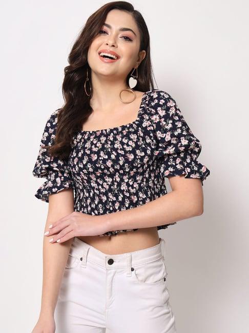 trend arrest navy floral print crop top