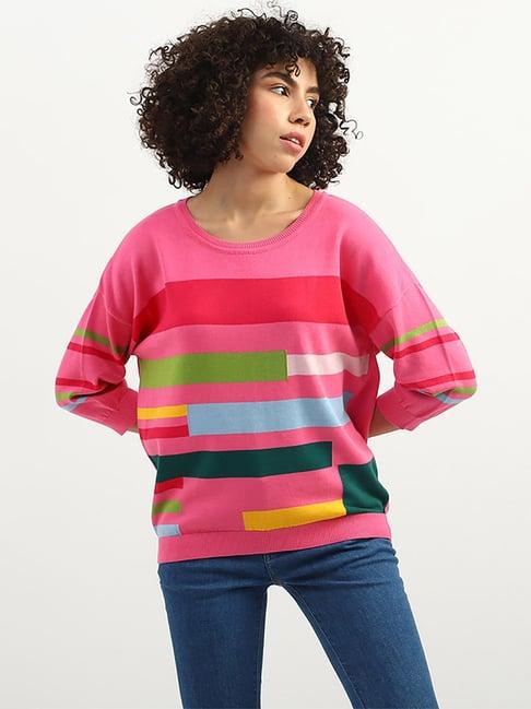 united colors of benetton pink cotton color-block sweater