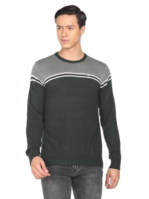 arrow sport dark grey cotton regular fit striped sweater