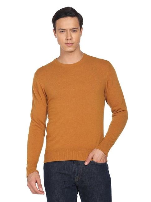 arrow sport mustard regular fit self pattern sweater