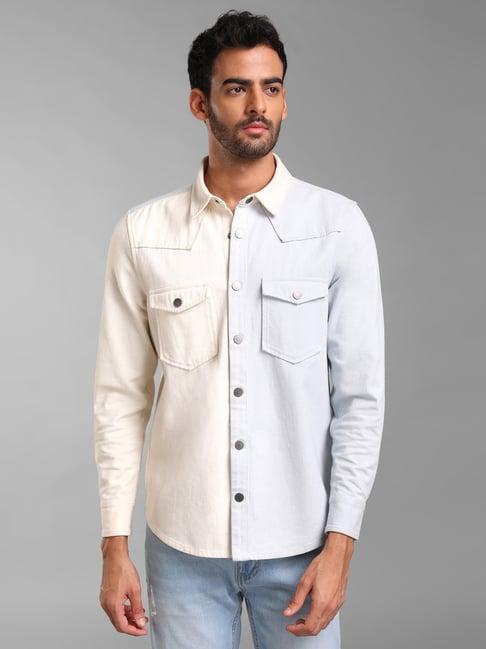 kazo blue & beige regular fit denim shirt