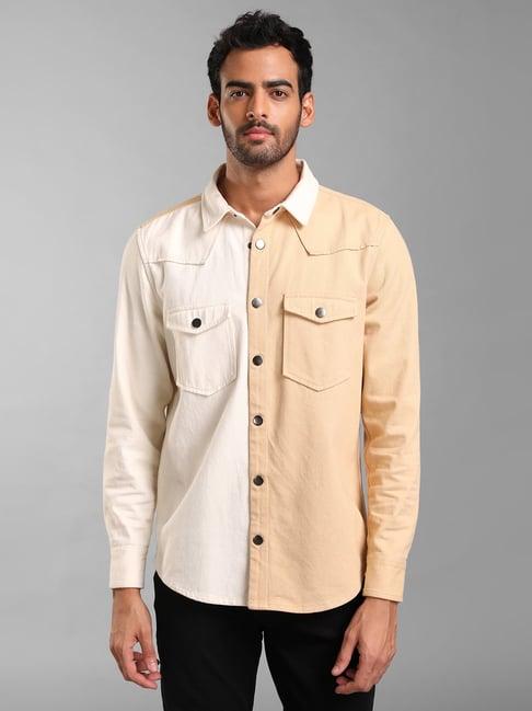 kazo off white & dark beige regular fit denim shirt