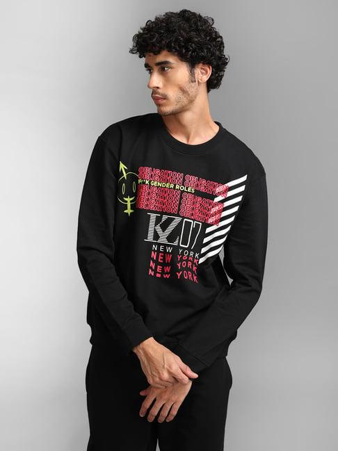 kazo black regular fit printed unisex sweatshirt