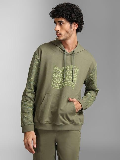 kazo olive regular fit printed unisex hooded sweatshirt