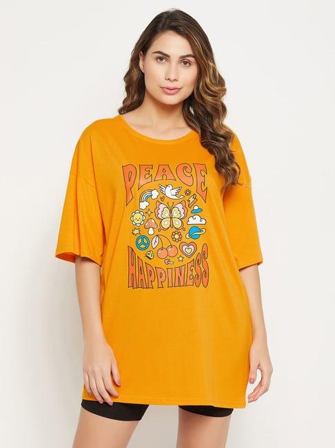 clovia yellow cotton graphic print oversized t-shirt