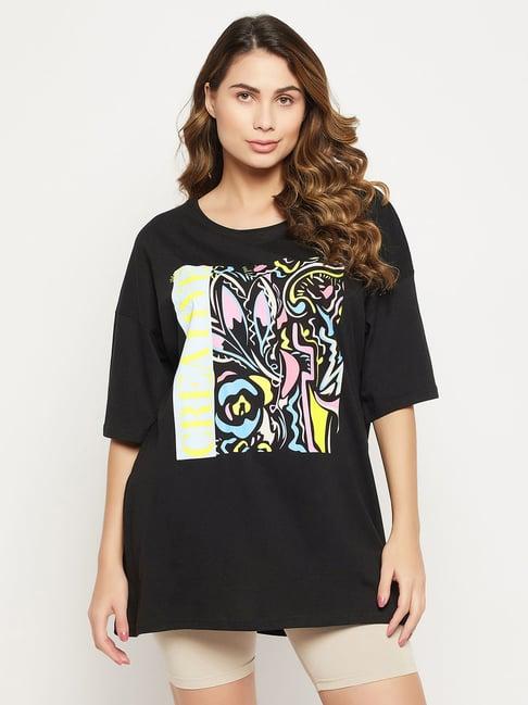 clovia black cotton printed oversized t-shirt