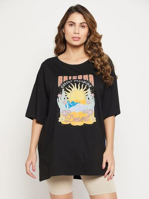 clovia black cotton graphic print oversized t-shirt