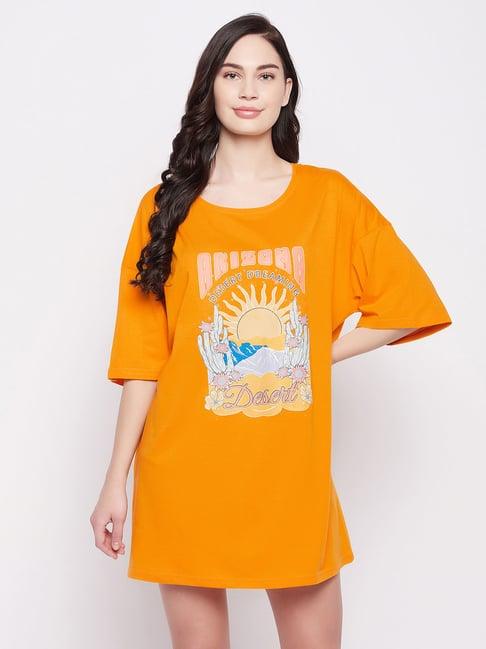 clovia mustard cotton graphic print oversized t-shirt