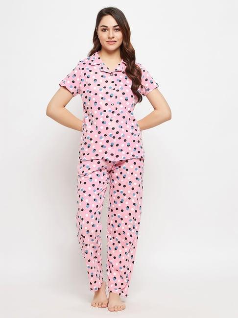 clovia pink polka dot shirt with pyjamas