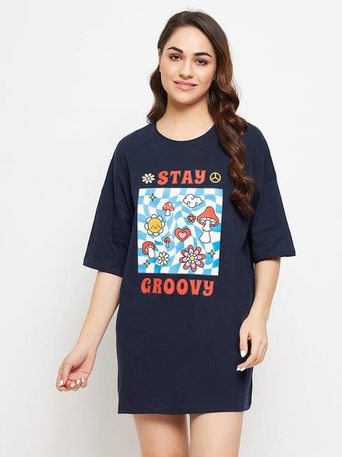 clovia blue printed oversized t-shirt