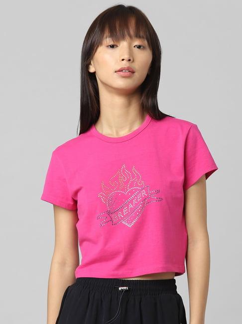 only pink cotton graphic print crop top