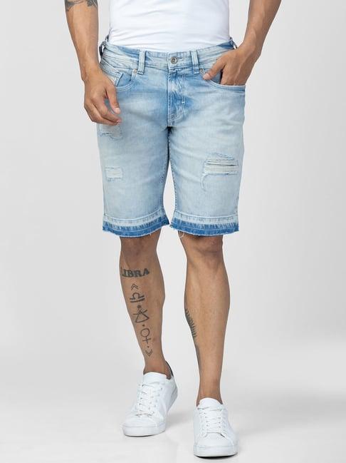 spykar light blue cotton regular fit denim shorts