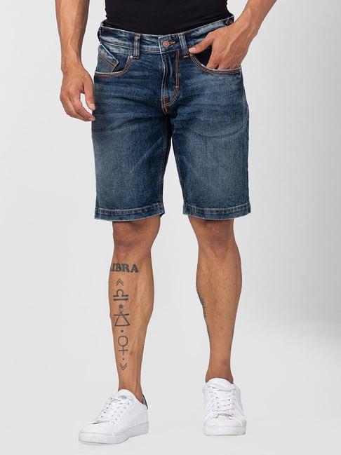 spykar vintage blue cotton regular fit denim shorts