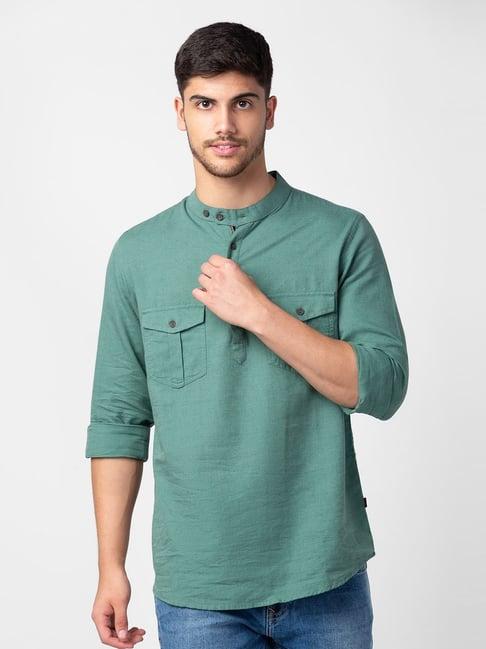 spykar sage green cotton slim fit short kurta