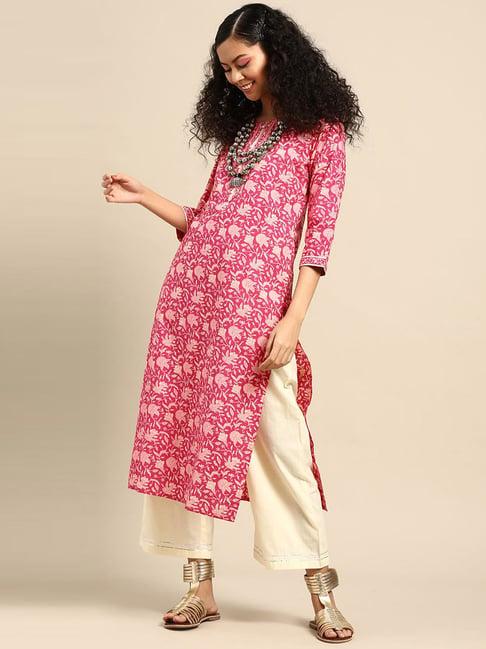 ksut pink & off-white cotton printed kurta palazzo set