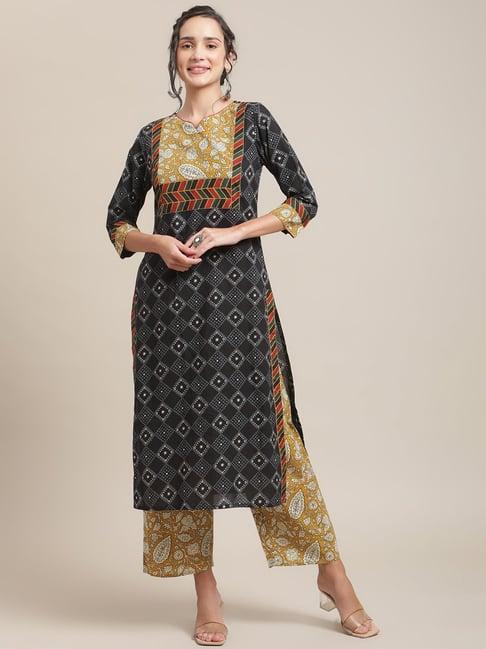 ksut black & yellow cotton printed kurta palazzo set