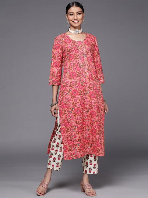 ksut pink & white cotton printed kaftan pant set