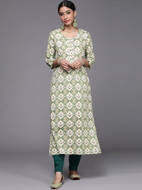 ksut green cotton printed straight kurta