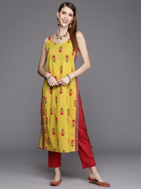 ksut yellow cotton printed straight kurta