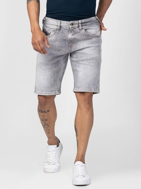 spykar grey cotton slim fit denim shorts