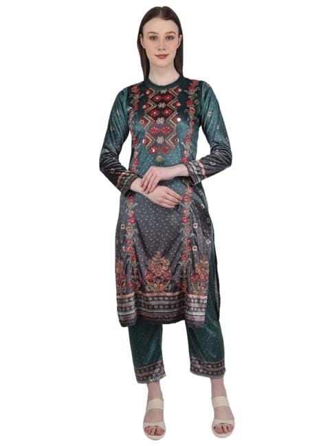 monte carlo dark green embroidered kurta with pants