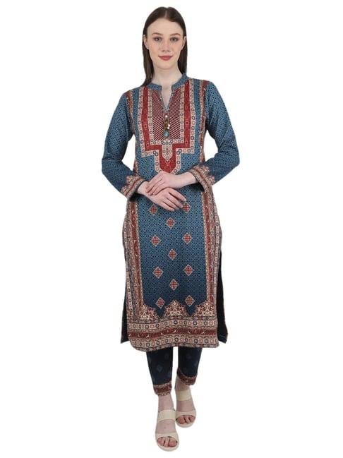 monte carlo blue & red printed kurta with pants