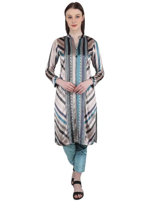 monte carlo cream & blue printed kurta with pants