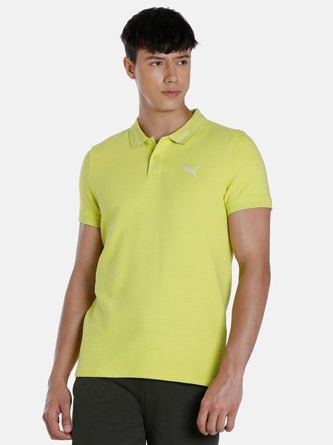 puma green cotton slim fit striped polo t-shirt