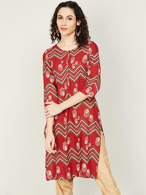 melange by lifestyle rust printed straight kurta