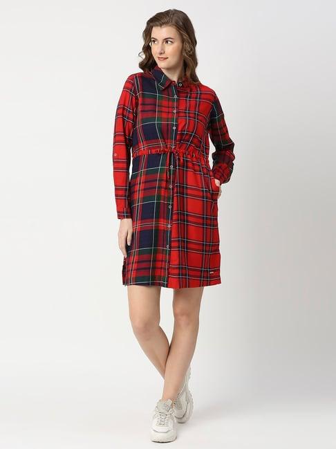 pepe jeans red check shirt dress