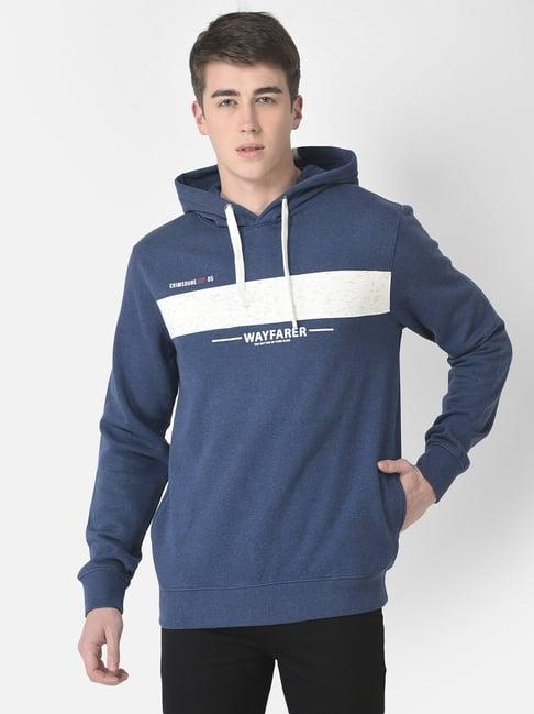 crimsoune club blue regular fit printed hooded sweatshirt