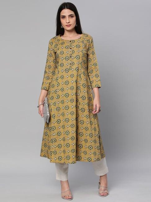 kami kubi yellow cotton printed a line kurta