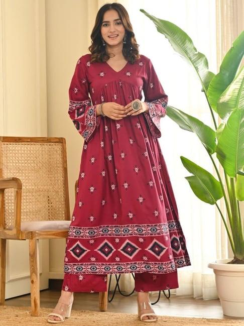 rustorange maroon printed kurta palazzo set