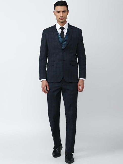 van heusen navy blue slim fit checks four piece suit