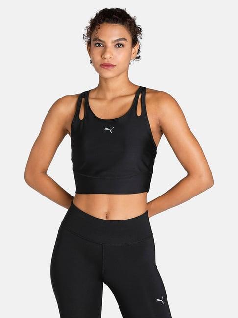 puma black blended logo print performance running sports bra