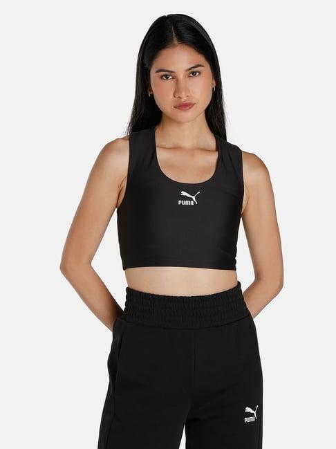 puma black blended logo print sports bra