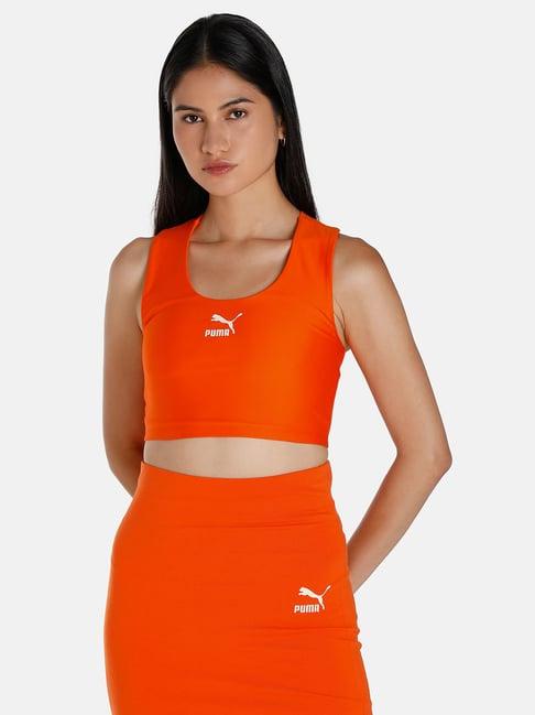 puma orange blended logo print sports bra