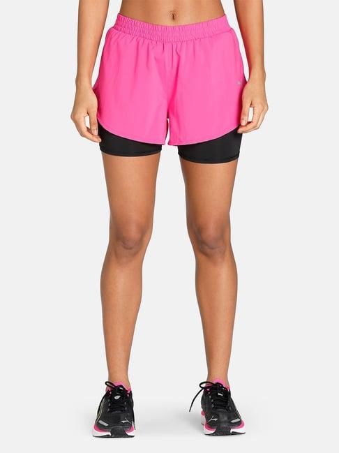 puma pink & black regular fit mid rise sports shorts