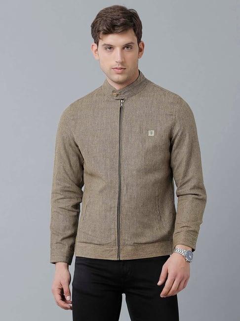 linen club brown regular fit self design jacket