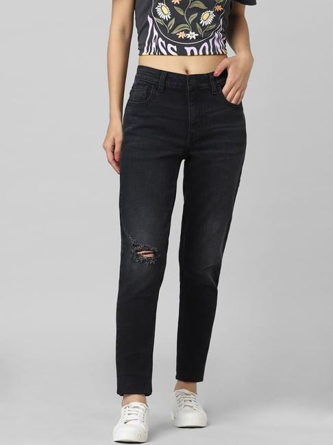 only black cotton distressed mid rise jeans